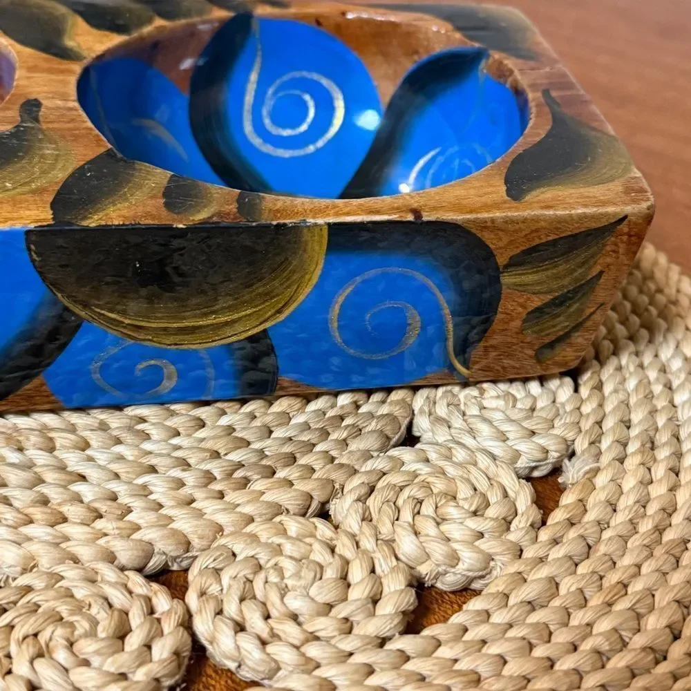 Vintage Hand Painted Wooden Serving Condiment or Trinket Tray Gold Blue Black
